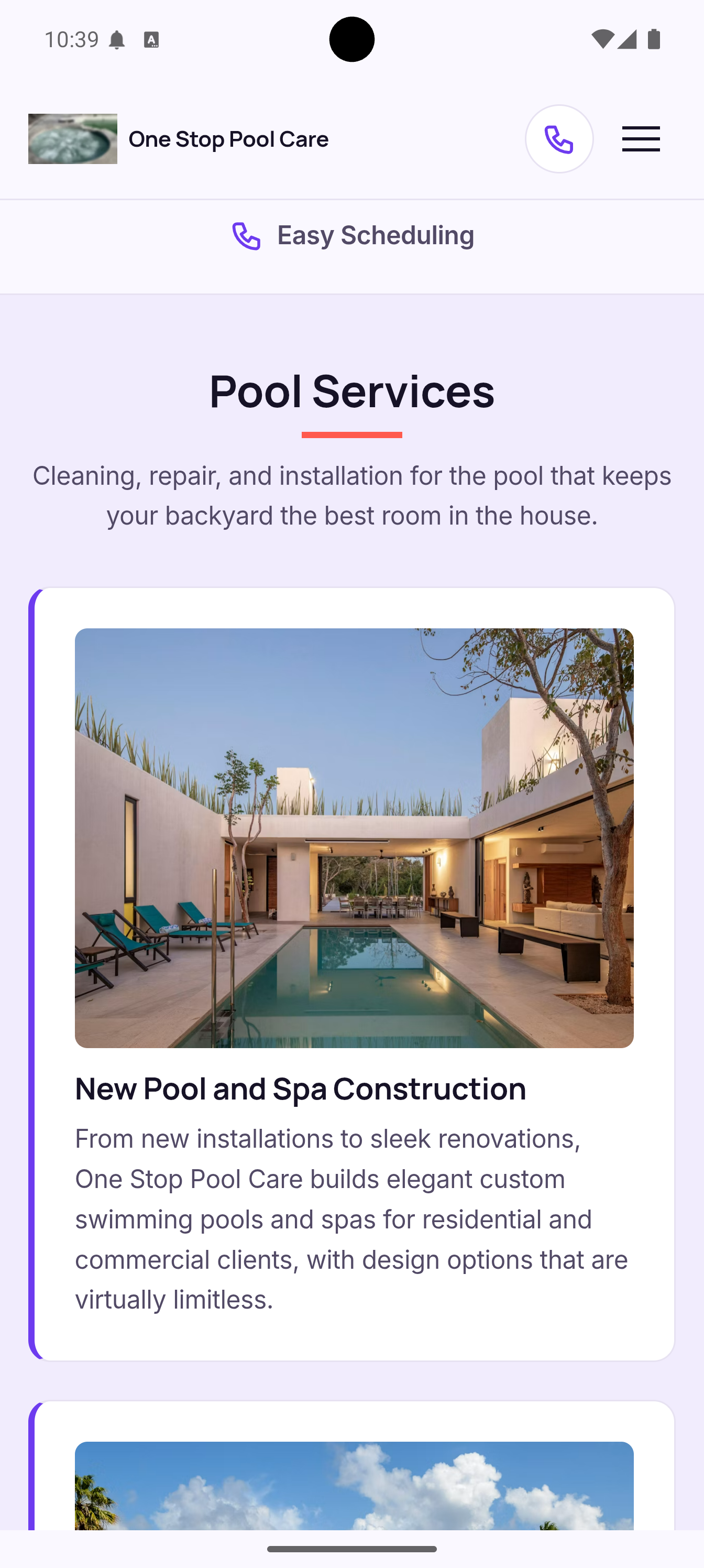 The same One Stop Pool Care site on a phone